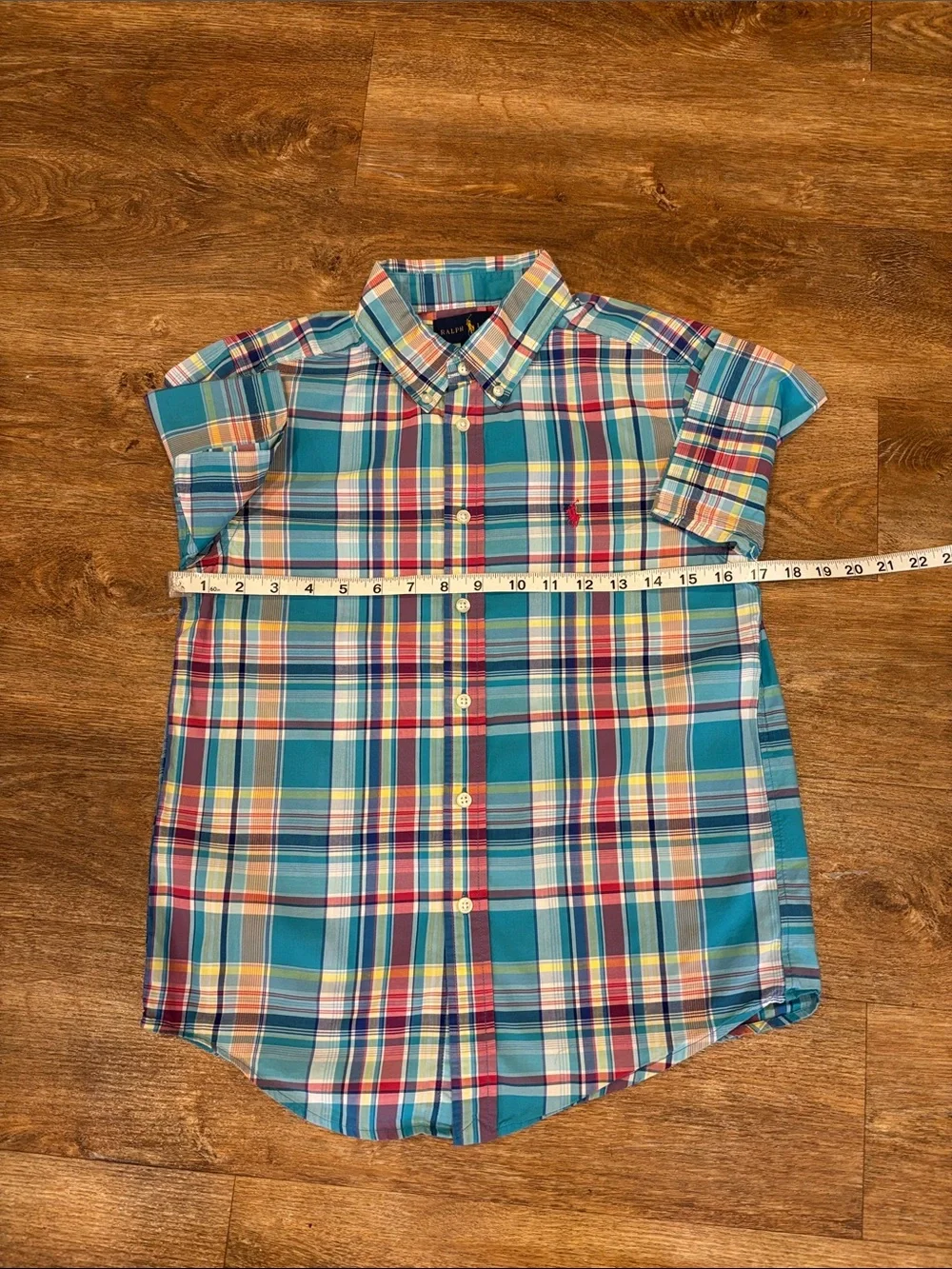 Ralph Lauren Short-Sleeve Teal & Multi Plaid Button Down Shirt Boys M (10-12)
